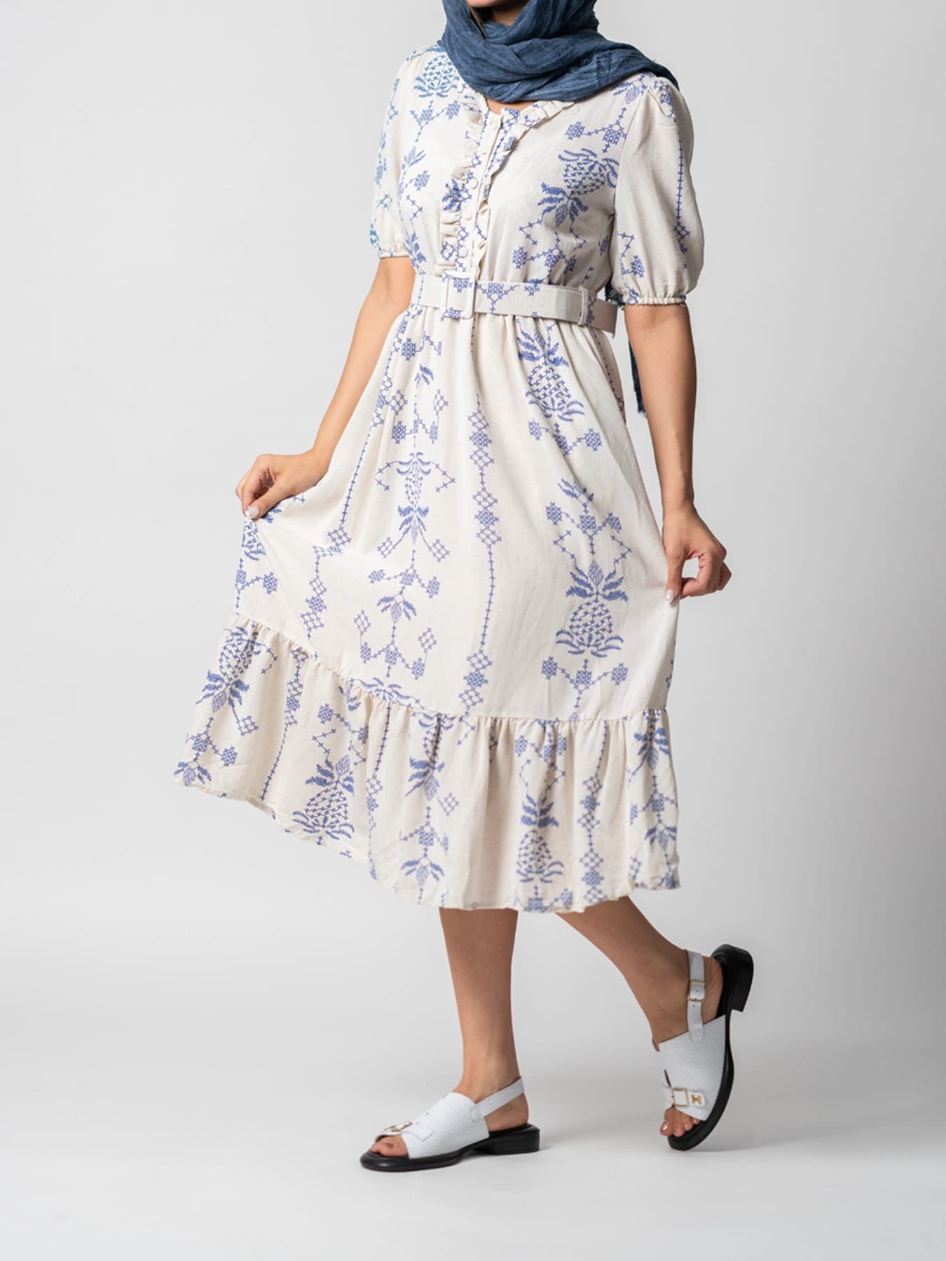 پیراهن بلند آستین کوتاه کرم آبی یقه هفت