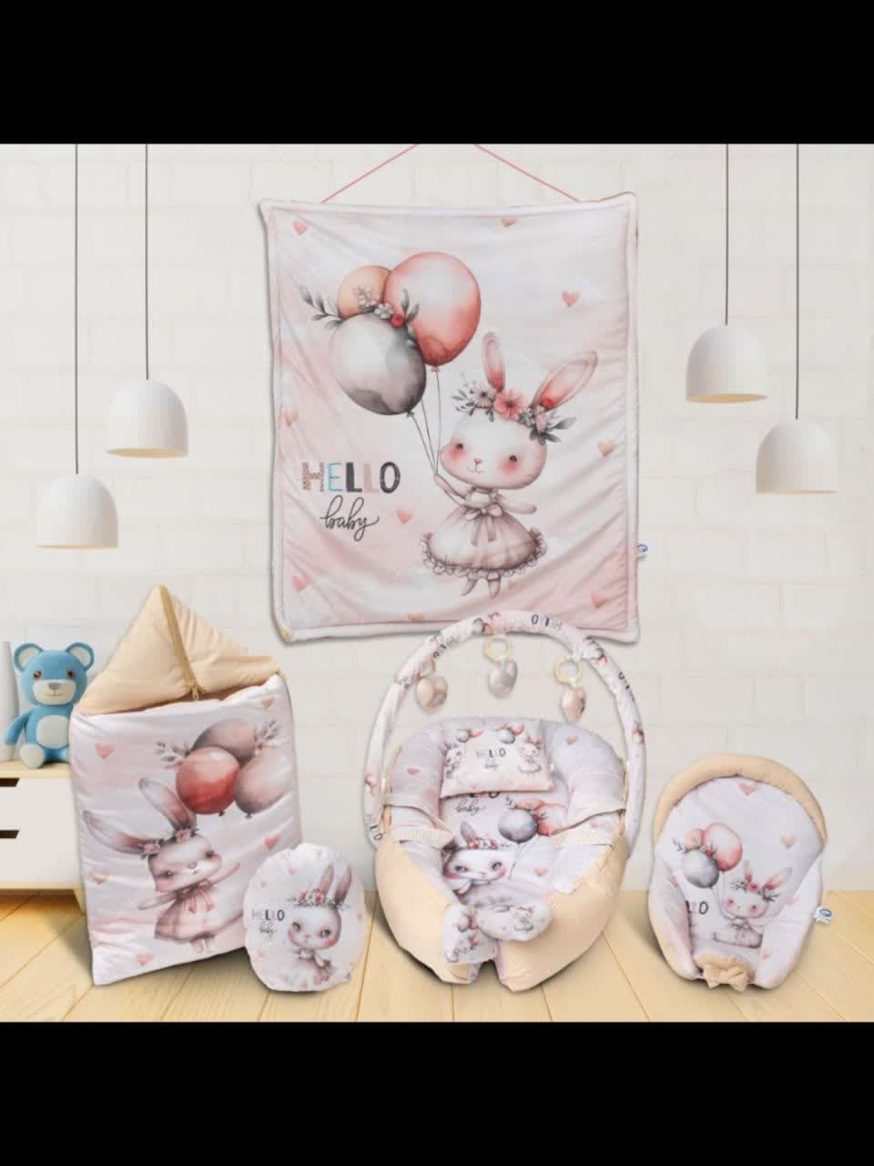 تشک لبه دار هفت تکه طرح خرگوش و بادکنک طوسی نوزادی و کودک کد 21054