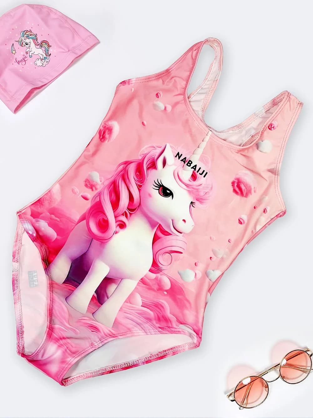 مایو دخترانه بچگانه صورتی رنگ و طرح اسب تک شاخ نابایجی پشت قهرمانی اسلیپ