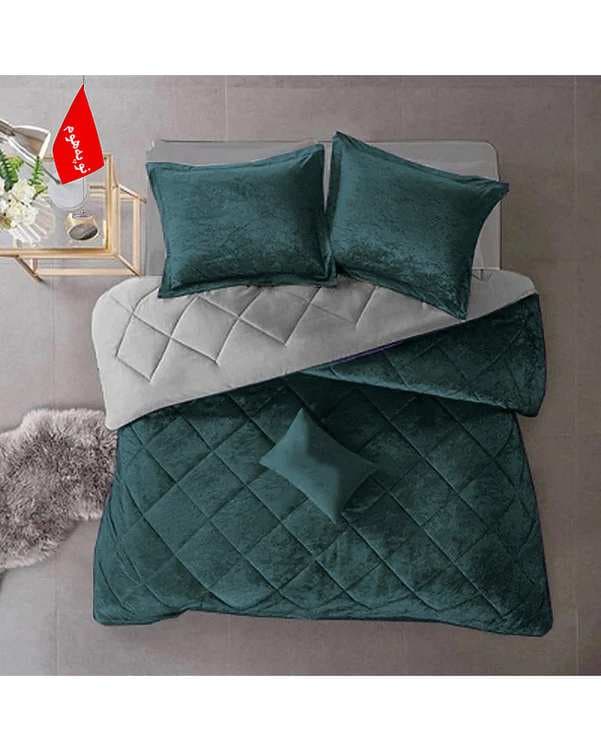 سرویس لحاف روتختی مینیمال مخمل دو نفره 6 تکه سبز کله غازی نوپه هوم Nopehome طرح لوزی کد MKH10