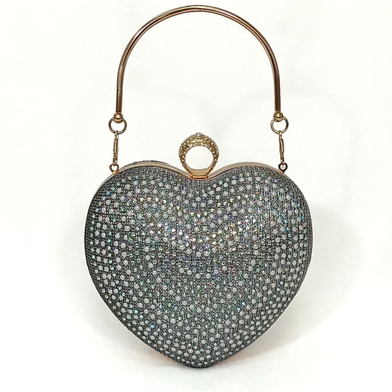 کیف مجلسی زنانه طرح قلبی نگین دار نقره ای