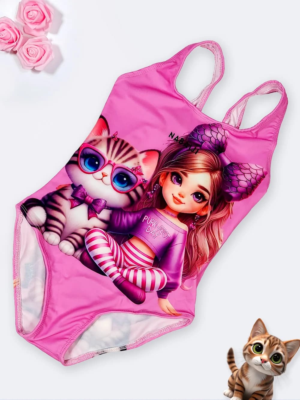 مایو دخترانه بچگانه اسلیپ پشت قهرمانی طرح دختر و گربه نابایجی ( Nabaiji ) برای استخر