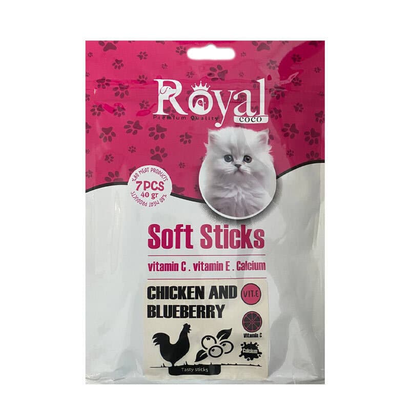 اسنک تشویقی مدادی نرم مخصوص گربه رویال کوکو با طعم مرغ و بلوبری بسته 7 عددی