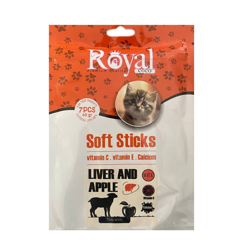 اسنک تشویقی مدادی نرم مخصوص گربه رویال کوکو با طعم جگر و سیب بسته 7 عددی