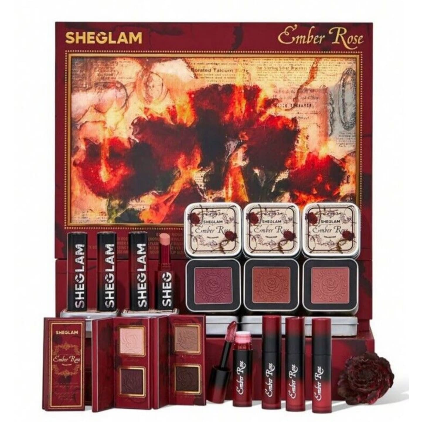 پک آرایشی آمبر رز شیگلم | Sheglam Ember Rose Collection Pack | مجموعه کامل آرایش با رژ لب، رژگونه، سایه و بستهبندی چراغدار