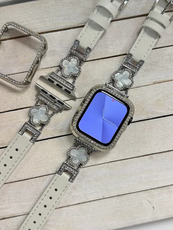 بند اپل واچ چرمی طرح ون کلیف با گارد نگین دار