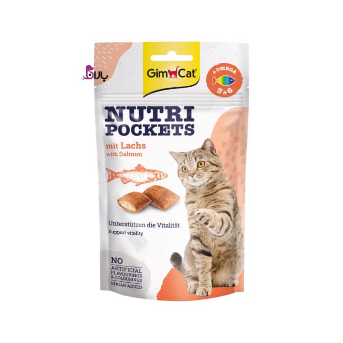 تشویقی گربه جیم کت با طعم سالمون مدل نوتری پاکت Gimcat nutri pockets with salmon وزن ۶۰ گرم