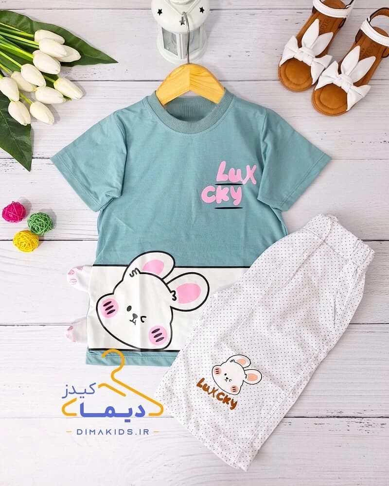 ست تیشرت و شلوارک سبز پاستیلی طرح خرگوش لوکس