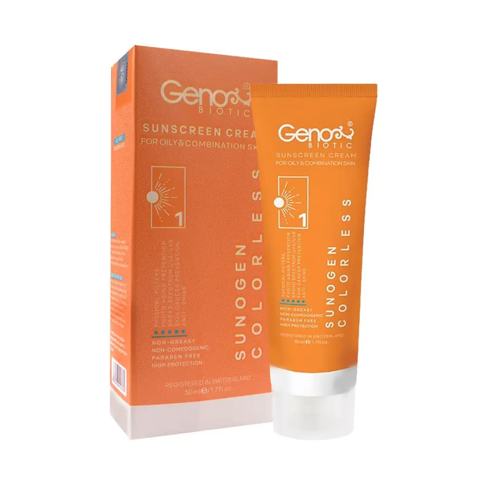 کرم ضد آفتاب مناسب پوست های چرب و مختلط اس پی اف 50 بی رنگ 50 گرم ژنوبایوتیک
