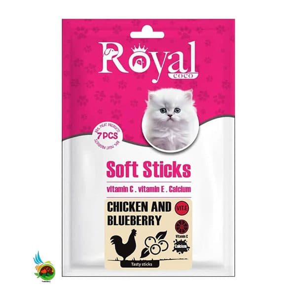 اسنک تشویقی مدادی نرم مخصوص گربه رویال کوکو با طعم مرغ و بلوبری بسته 7 عددی