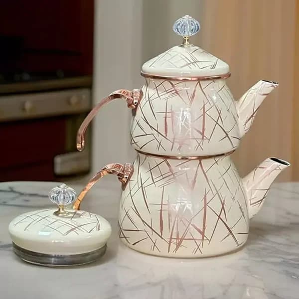 ست کتری و قوری لعابی برند شاهین محصول ترکیه رنگ کرم طلایی