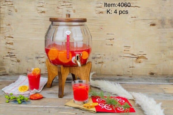 کلمن شربت و نوشیدنی طرح بشکه بلوری پایه چوبی 5/5 لیتری امبیکو(ارسال فقط برای تهران)