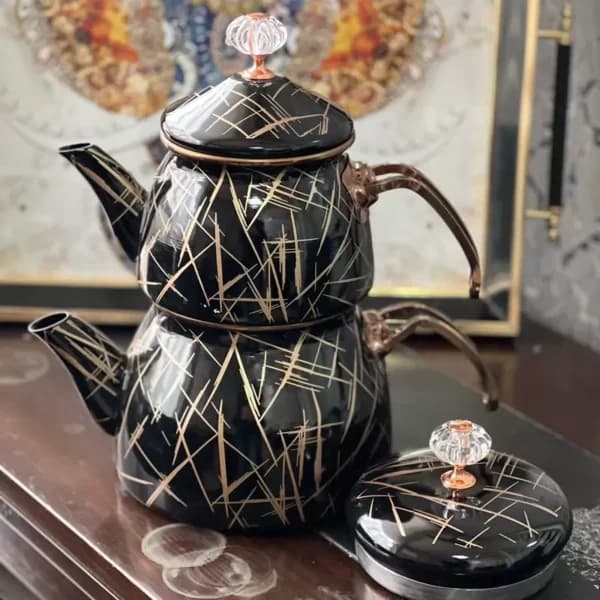 ست کتری و قوری لعابی برند شاهین محصول ترکیه رنگ مشکی طلایی