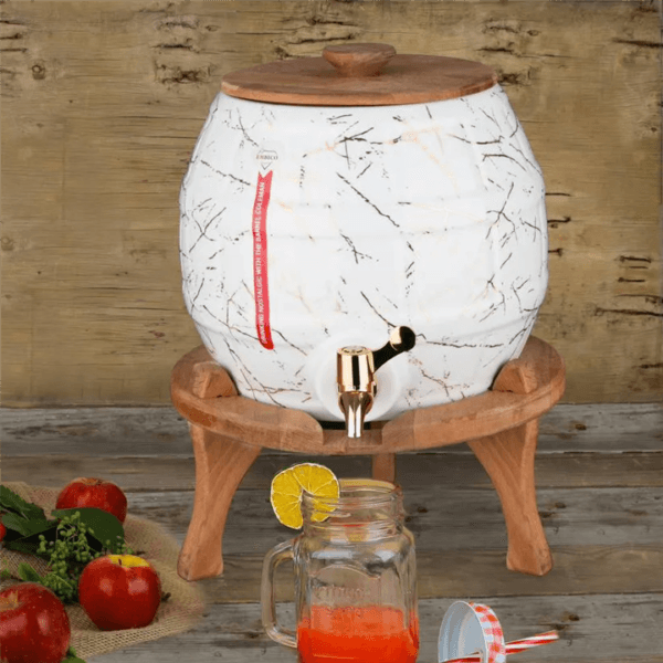 کلمن شربت و نوشیدنی طرح بشکه ماربل (سفید طلایی) پایه چوبی 5/5 لیتری امبیکو(ارسال فقط برای تهران)