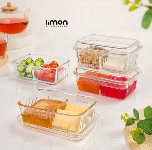 کره و مربا خوری شیشه ای دو خانه درب دار لیمون