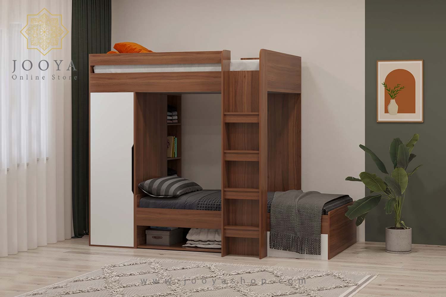 تخت دو طبقه نردبانی کمد دار پندار مدل BT742