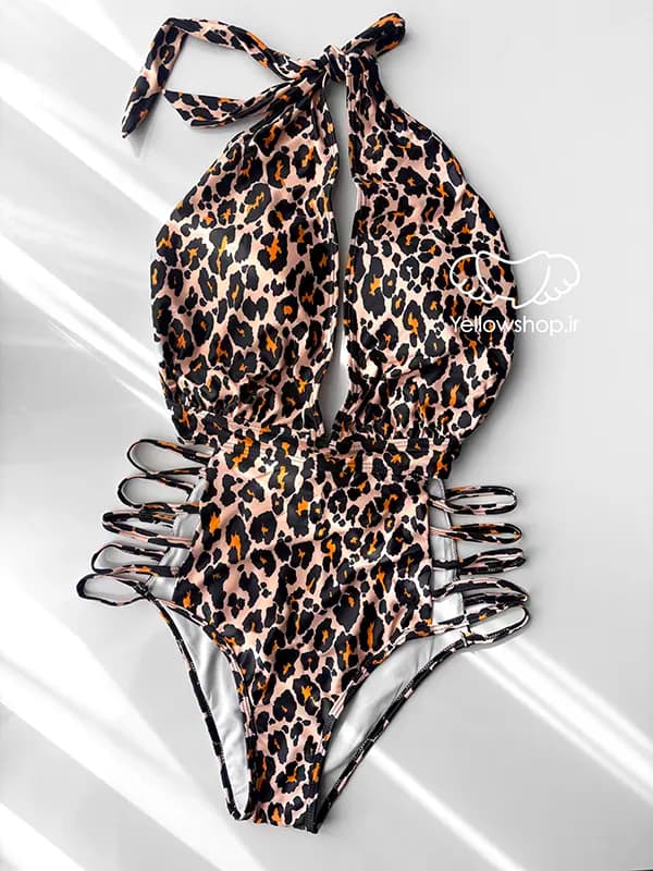 مایو یکسره زنانه فرم دهنده پلنگی با بندی بغل بند گردنی 27176