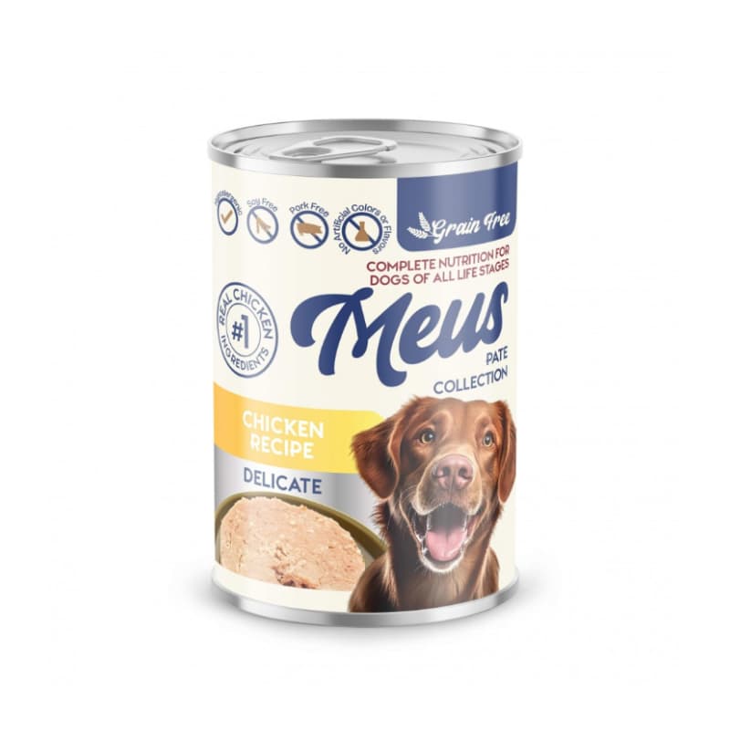 کنسرو غذای سگ مئوس مناسب گوارش و پوست حساس با طعم مرغ وزن 400 گرم