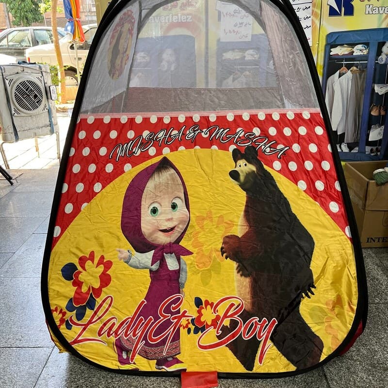 چادر مسافرتی کودک مدل فنری طرح ماشا و میشا رنگ قرمز با درب زیپی کد3