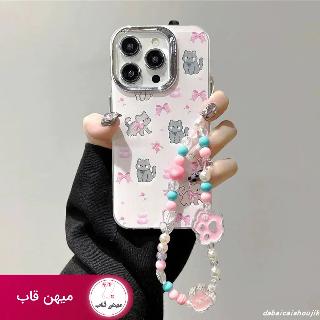 قاب گوشی آیفون گربه پاپیونی همراه با بند مرواریدی - کد (۲۹۸۹۶)