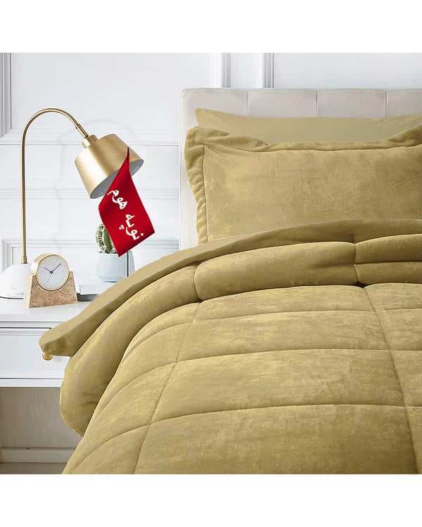 سرویس لحاف روتختی مینیمال کتان مخمل یک نفره 5 تکه کرم تیره نوپه هوم Nopehome طرح مربع کد MKK17