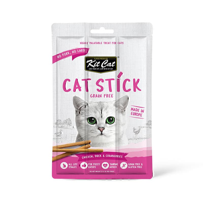 تشویقی مدادی گربه کیت کت با طعم مرغ، اردک و زغال اخته Kit Cat Grain-free Cat Sticks With Chicken, Duck & Cranberries وزن 15 گرم