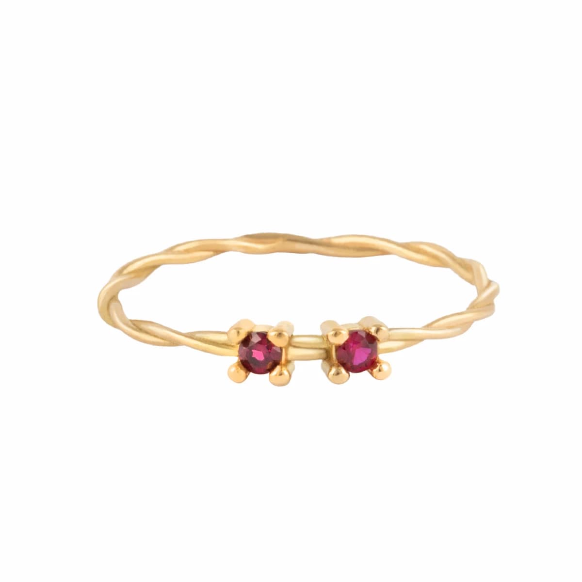 انگشتر طلای زنانه 18 عیار بان گالری مدل سبک طنابی دو نگین اناری