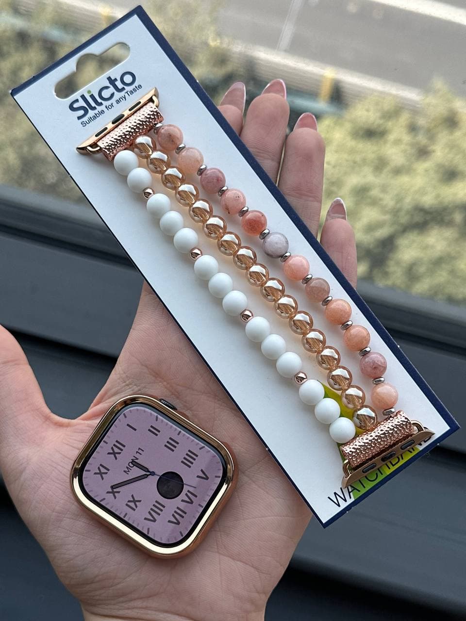 بند مرواردی سفید صورتی کرم طلایی