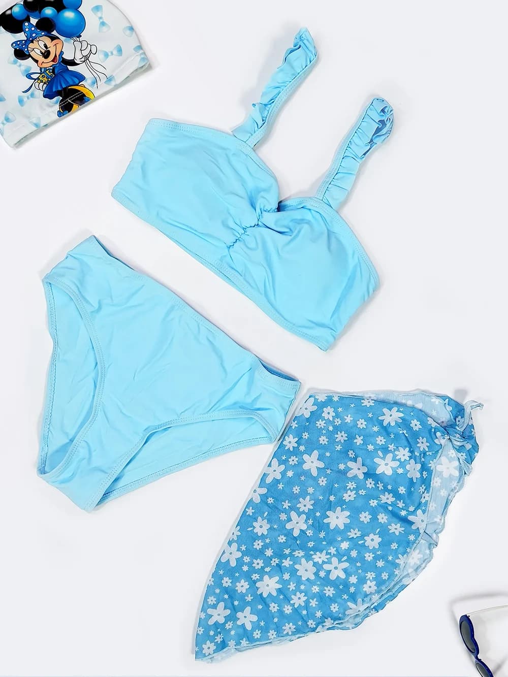 مایو دخترانه سه تکه کیوت بصورت ست مایو بیکنی و رومایوی دامنی شین ( Shein ) آبی