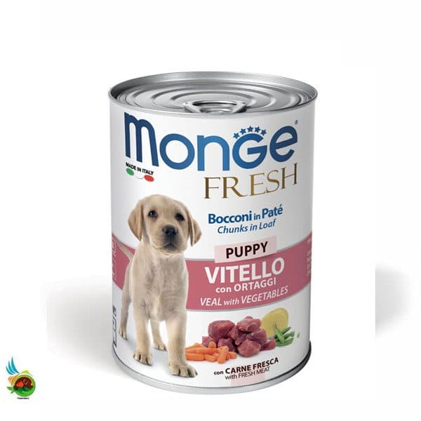 کنسرو توله سگ مونژه فرش طعم گوساله و سبزیجات Monge fresh puppy dog veal with vegetables وزن ۴۰۰ گرم