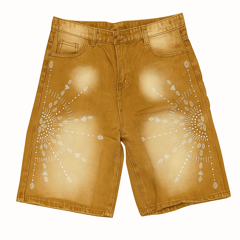 شلوارک جین کوتاه مردانه طلایی با طرحهای سفید - اورجینال دیلم