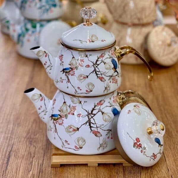 ست کتری و قوری لعابی برند شاهین محصول ترکیه مدل گل پرنده