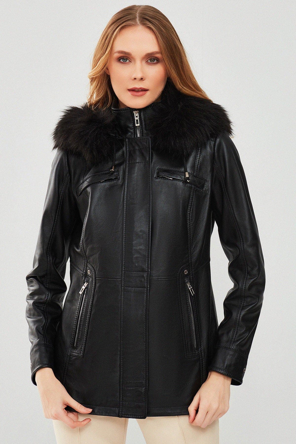 پالتو چرمی زنانه مشکی خزدار کلاه دار Betty دری مد