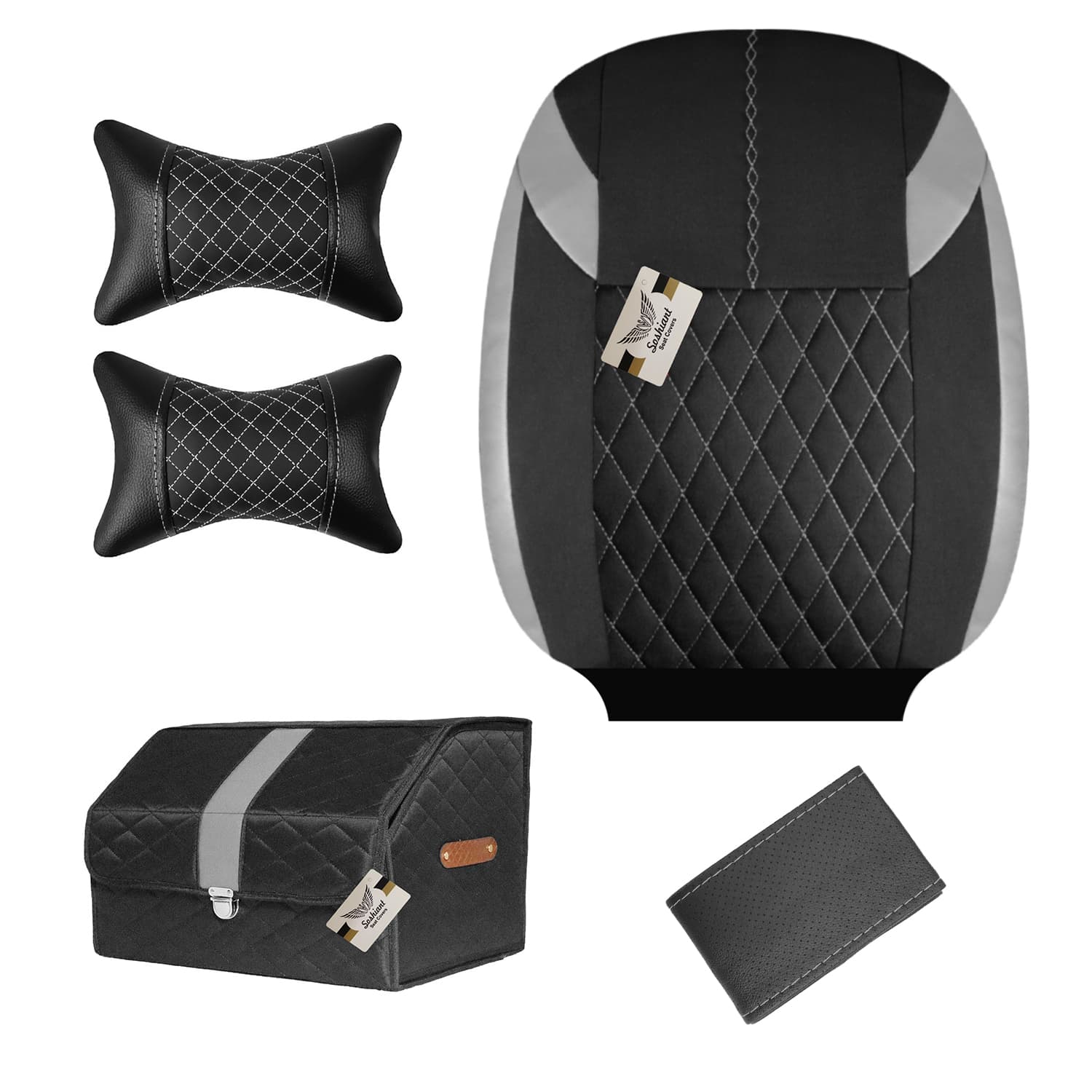 روکش صندلی پژو 207 پارچه ای برند سوشیانت مدل G به همراه پشت گردنی و جعبه نظم دهنده و دور فرمان