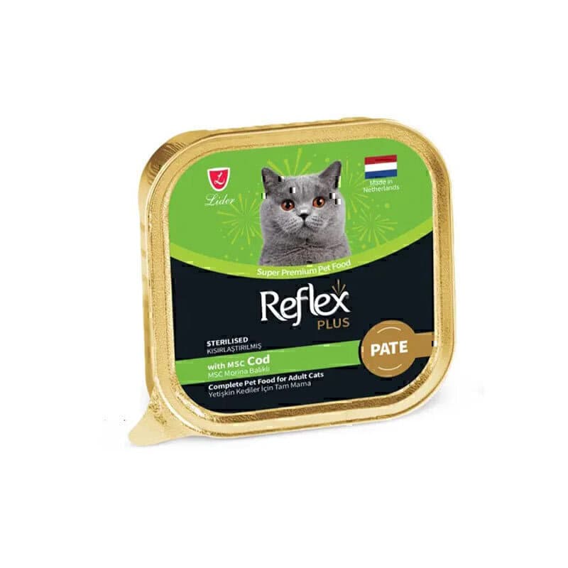 غذای کاسهای گربه بالغ عقیم شده رفلکس پلاس پته با طعم ماهی کاد Reflex Plus Pate Sterilised Cat Food With Cod وزن ۸۵ گرم