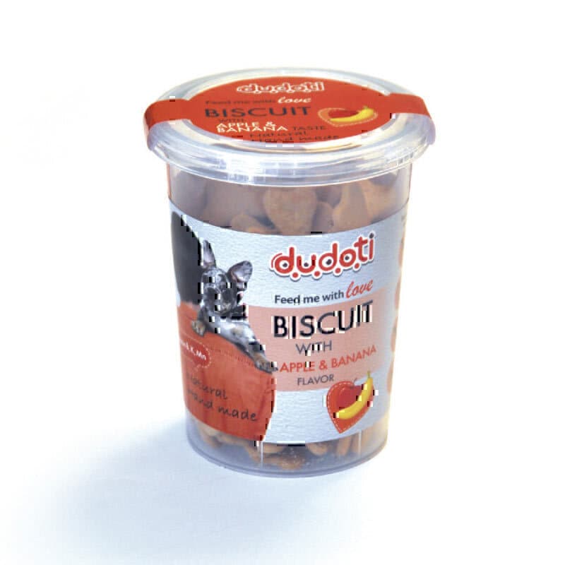 تشویقی بیسکویتی سگ دودوتی با طعم موز و سیب Dudoti biscuit with apple and banana flavor وزن ۱۵۰ گرم