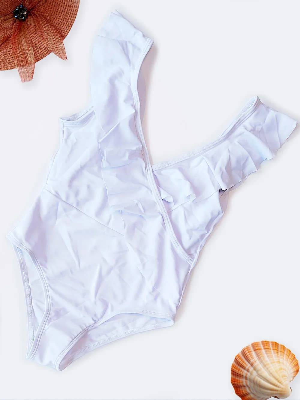 مایو دخترانه بچگانه و نوجوان والان دار فانتزی شیک و خاص برند شین ( shein ) سفید رنگ