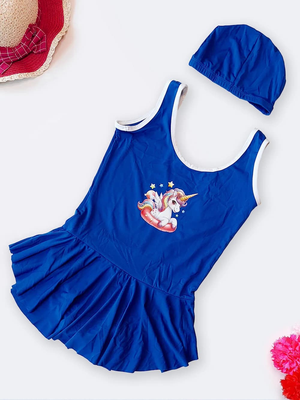 مایو بچگانه دخترانه دامنی پوشیده آبی با ست کلاه شنا برای استخر اسپیدو ( Speedo )