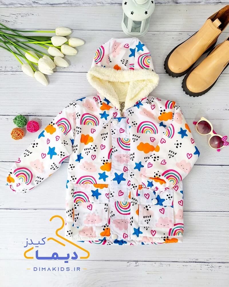کاپشن تو کرک سفید طرح ستاره و رنگین کمان