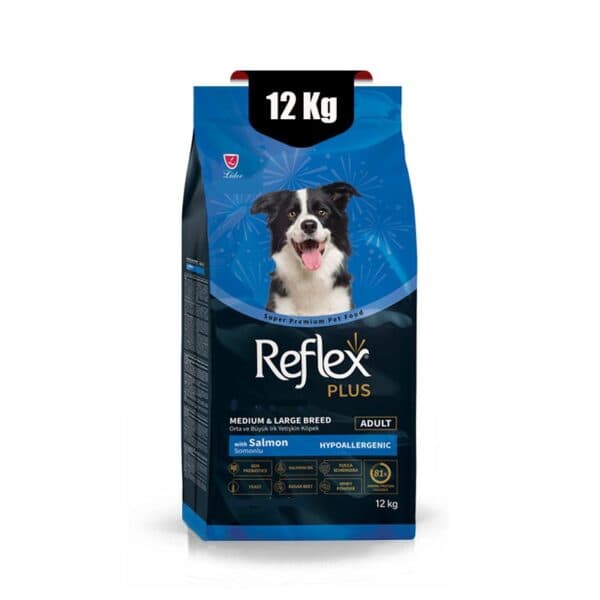 غذای خشک سگ بالغ نژاد متوسط و بزرگ Reflex Plus با طعم ماهی سالمون ۱۲ کیلوگرم