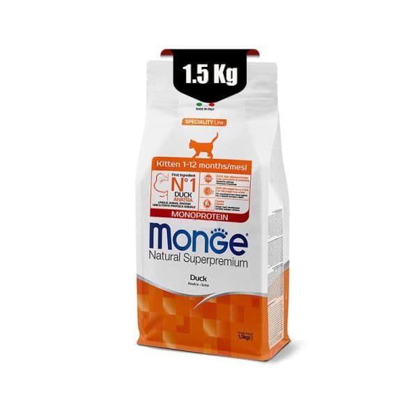 غذای خشک بچه گربه طعم اردک مونژه (Monge Superpremium Monoprotein Kitten Duck) وزن 1.5کیلوگرم