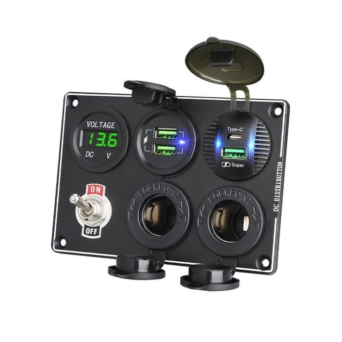 پنل برق آفرودی 6 کاره درگاه USB و تایپ C با ولتمتر و کلید