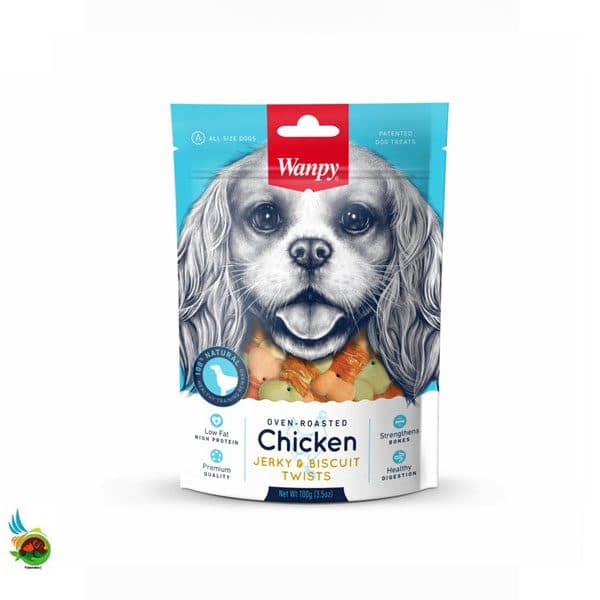 تشویقی سگ ونپی طعم مرغ و بیسکویت Wanpy chicken jerky & biscuit twists وزن ۱۰۰ گرم