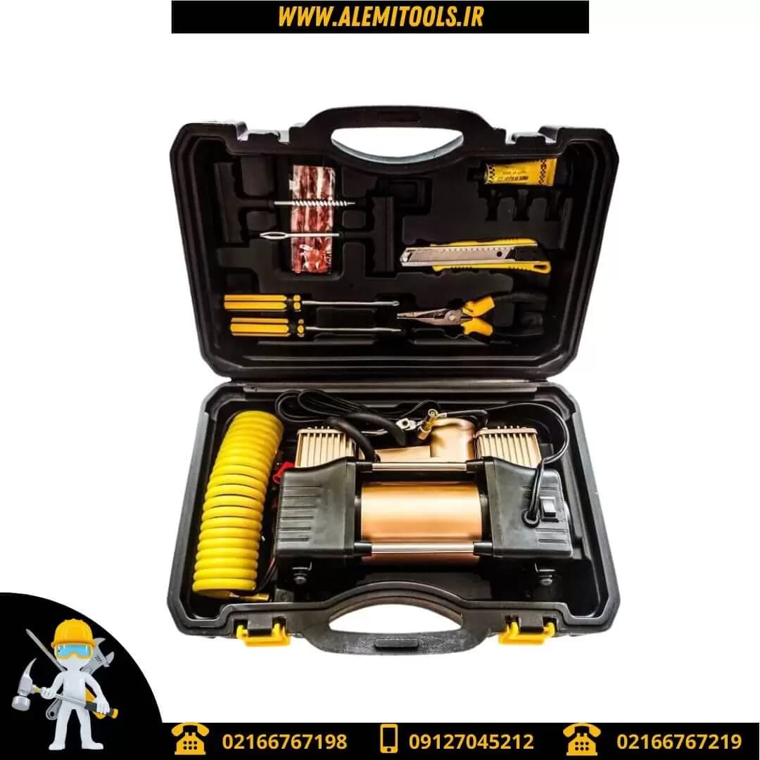 کمپرسور فندکی دو سیلندر مدل 2150 با لوازم پنچرگیری برند AIR COMPRESSOR