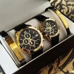 ست ساعت زنانه و مردانه مارک رومانسون بند چرم مشکی صفحه مشکی همراه دستبند36