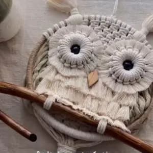 جغد دیواری مکرومه بافی رنگ شیری