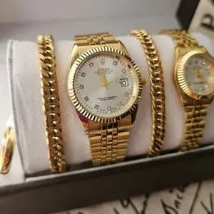 ⏳ مجموعه ست ساعت رولکس بند استیل طلایی +ست دستبند استیل +ست حلقه