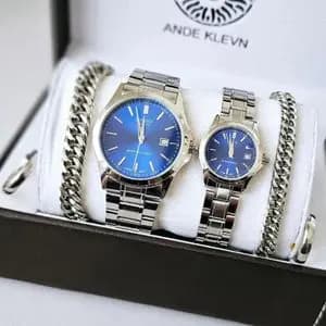 ست ساعت کاسیو بند استیل نقرهای صفحه آبی + دستبند زنجیری استیل + حلقه