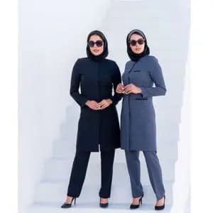 مانتو و شلوار اداری یقه گرد کتی چهارخانه ریز آستردار