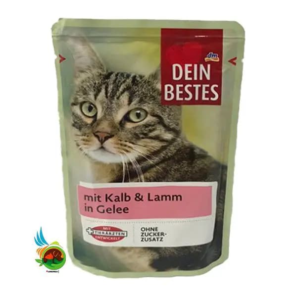 پوچ گربه دین بستس با طعم گوشت گوساله و بره در ژله Dein bestes mit kalb & lamm in gelee وزن ۱۰۰ گرم